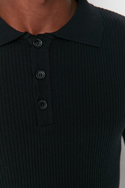 Trendyol Collection Πλεκτό πουλόβερ Polo Neck Slim Fit - Μαύρο, με κουμπιά επάνω, βαμβακερό TMNAW21KZ0567