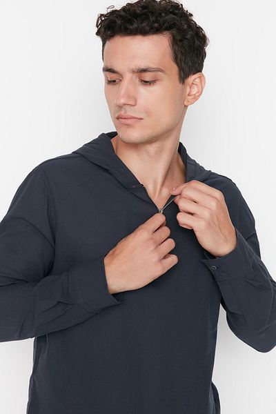 Trendyol Collection Navy Blue Men's Regular Fit Half Placket Zippered Hooded Shirt
