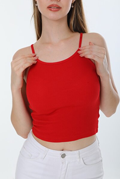 Aysu Moda Ženska crvena bluza sa Rebrasto naramenica Skraćeni kroj od pletiva