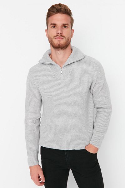 Trendyol Collection Grauer Rollkragenpullover – reguläre Passform, Wolle, Reißverschluss TMNAW22KZ0347