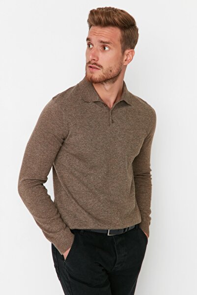 Trendyol Collection Polo Neck Slim Fit Mink kötöttáru pulóver - gombos, gyapjú TMNAW23KZ00238