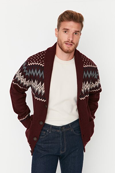Trendyol Collection Claret Red Jacquard Slim Fit Knitwear Cardigan - Shawl Collar Tmnaw20Hi0034