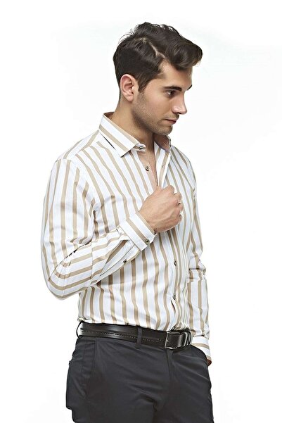 Ottomoda Erkek Pamuklu Çizgili Uzun Kollu Slim Fit Gömlek, Ot-c-20007