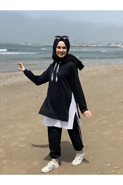 CNG MODA Black Hijab Tracksuit and White T-Shirt Set