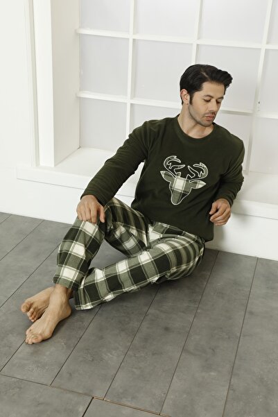 MİRELLA Erkek Ekose Ve Kare Desenli Uzun Kollu Polar Kumaş Kışlık Sıcak Tutan Pijama Takımı
