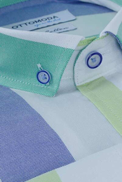 Ottomoda Oxford Mavi-yeşil Çizgili Regular Fit Uzun Kollu Gömlek,ot-c-20014
