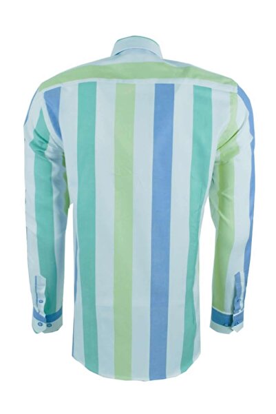 Ottomoda Oxford Mavi-yeşil Çizgili Regular Fit Uzun Kollu Gömlek,ot-c-20014