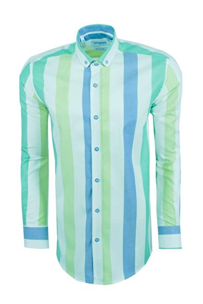 Ottomoda Oxford Mavi-yeşil Çizgili Regular Fit Uzun Kollu Gömlek,ot-c-20014