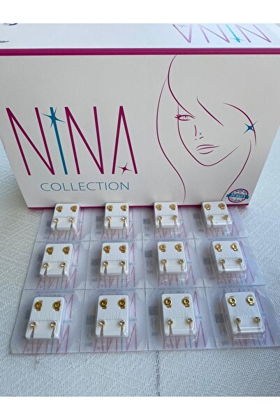nina Kulak Delme Küpesi Sarıya Beyaz Taşlı 1plaka/12çift Küpe