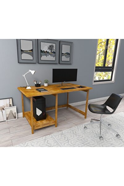 WOODFACE Masif Ahşap Çalışma Masası 120x75 Doğal Ahşap 2 Bölüm Özel Tasarım U...