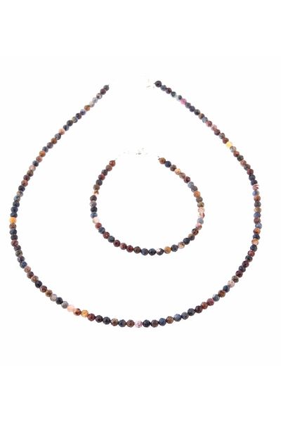 Deniz Doğal Taş Certified Pietersite Stone Necklace and Bracelet Set (3-4mm) Ts014