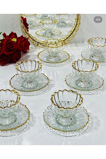 EVRA 6 Kişilik 12 Parça Altın Yaldızlı Tabaklı Lüks Çerezlik Kase Sunumluk Dondurma Hediyelik Çeyizlik