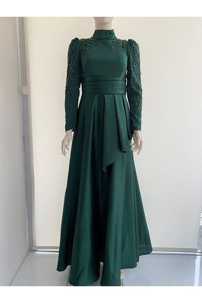 Hennin Βραδινό φόρεμα Nisaca Pearl Satin Hijab με χάντρες