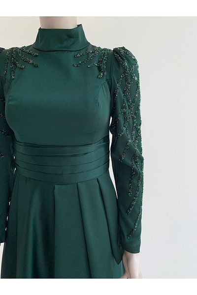 Hennin Βραδινό φόρεμα Nisaca Pearl Satin Hijab με χάντρες
