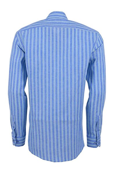 Ottomoda Men's Stripe Cotton Linen Shirt - Long Sleeve, Blue 20023