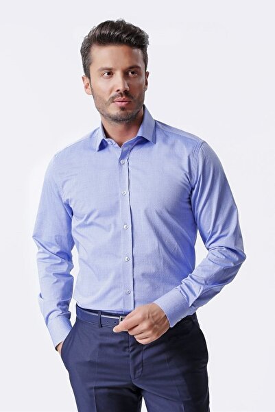 Ottomoda Erkek Desenli Mavi Uzun Kollu Pamuklu Regular Gömlek,ot-c-20036