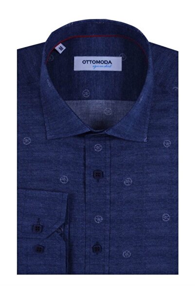 Ottomoda Erkek Lacivert Baskılı Uzun Kollu Yarı Slim Gömlek, Ot-c-20038