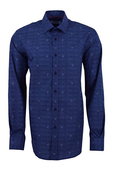Ottomoda Erkek Lacivert Baskılı Uzun Kollu Yarı Slim Gömlek, Ot-c-20038