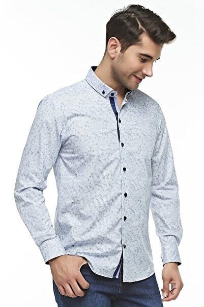 Ottomoda Erkek Beyaz Desenli Uzun Kollu Pamuklu Regular Gömlek, Ot-c-20053