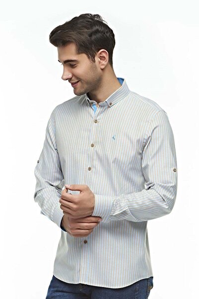 Ottomoda Oxford %100 Pamuklu Çizgili Slim Fit Uzun Kollu Gömlek,ot-c-20070