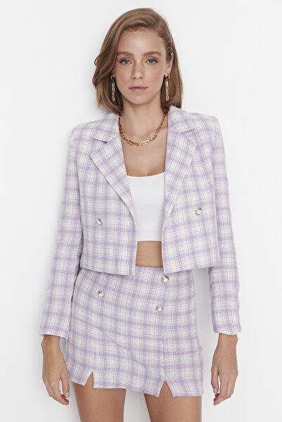 Trendyol Collection Lilac Crop Woven Plaid Jacket TWOAW23CE00061