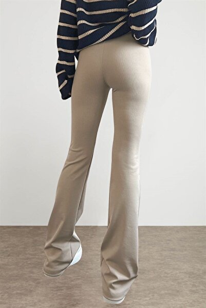 shiron Kadın Bej Ispanyol Paça Fitilli Yüksek Bel Rahat Tayt