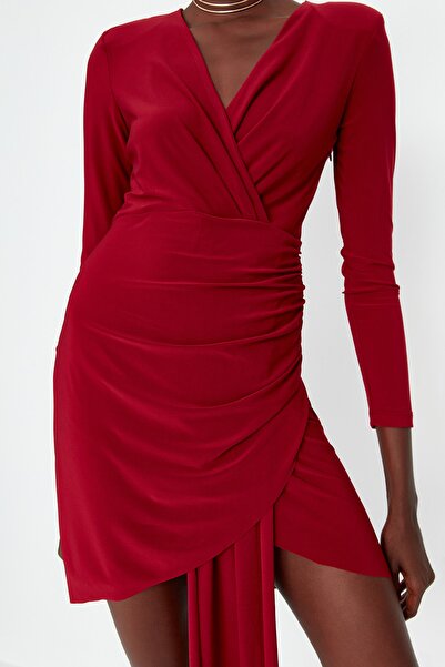Trendyol Collection Burgundy Knitted Short Evening Dress - Elegant Gown TPRAW23EL00086