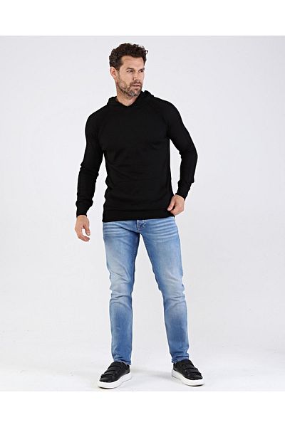 Çizgi Triko Ανδρικά πλεκτά βαμβακερά με κουκούλα Μαύρο πουλόβερ με μοτίβο μανίκια και μέση ελαστική υφαντή κανονική