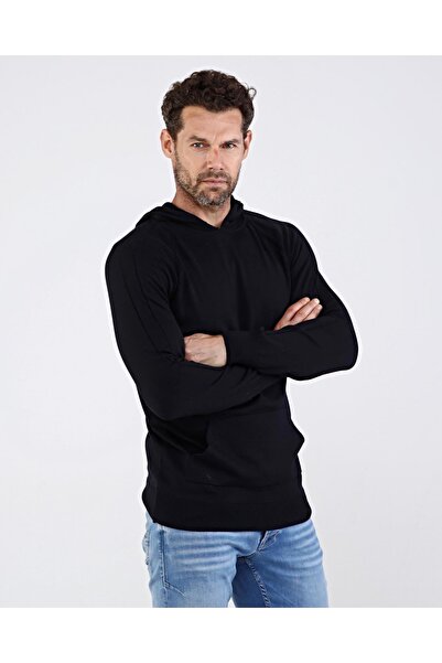 Çizgi Triko Чоловічий бавовняний трикотажний светр з капюшоном, темно-синій, з візерунком на рукавах і талії, з еластичною талією, прямий крій