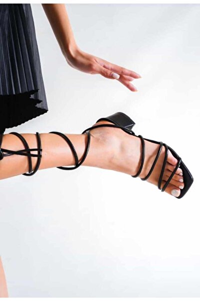 Afilli Γυναικεία μαύρα παπούτσια με κορδόνια με ανοιχτό μπροστινό πίσω μέρος με χοντρό κοντό τακούνι καλοκαιρινά σανδάλια