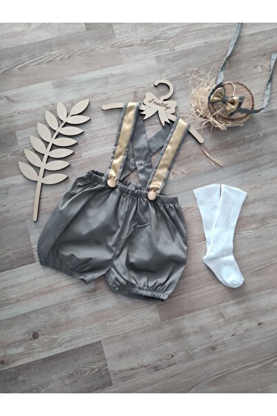 Feriatolye Gray Baby Boy Salopet Birthday Outfit with Gold Stripes