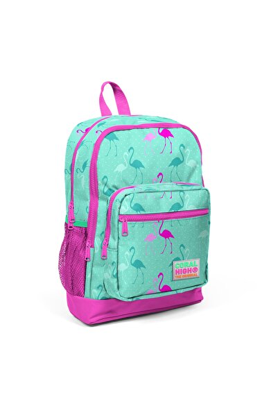 Coral High Kids Su Yeşili Neon Pembe Flamingo Desenli Dört Bölmeli Okul Sırt ...