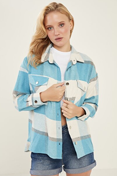 MEECY Жіноча сорочка з кишенями, з ефектом еко, кольору бірюзового