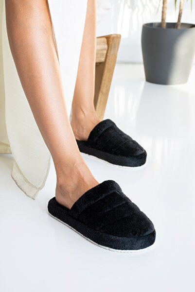 star shoes Черни плюшени дамски домашни чехли