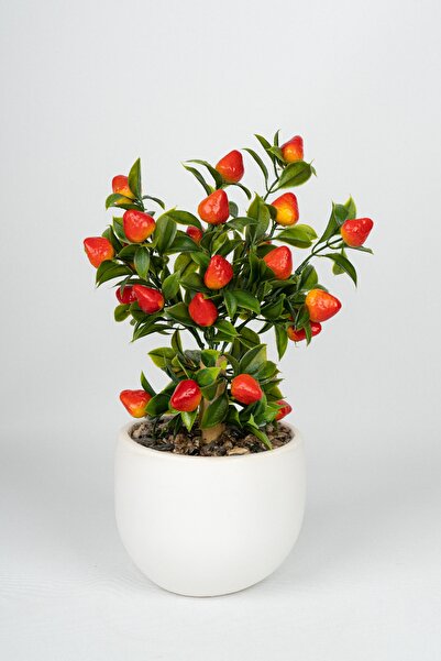 YAPAY ÇİÇEKÇİNİZ Beyaz Beton Saksıda Yapay Çilek Ağacı