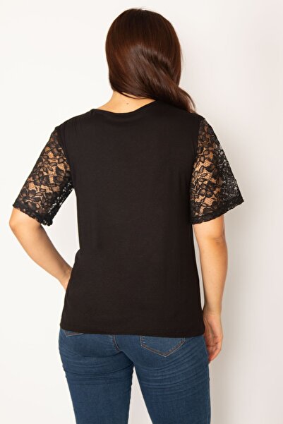 Şans Women's Large Size Black Lace Detailed Blouse 65n34187
