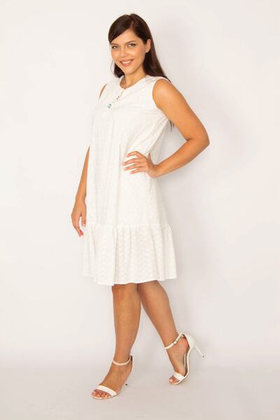 Şans Γυναικείο φόρεμα Plus Size Λευκό Κεντητό Υφασμάτινο Φόδρα 65n34158