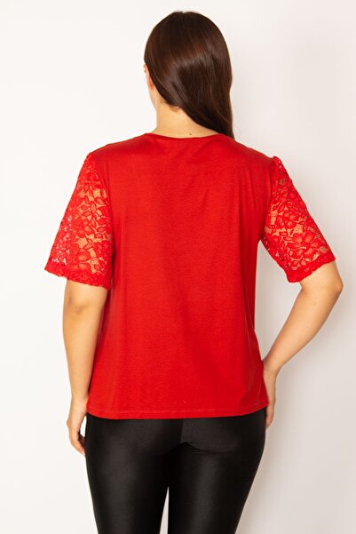 Şans Women's Large Size Red Lace Detailed Blouse 65n34187
