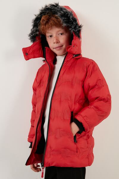 Lela Detachable Hooded Plush Lined Coat with Faux Fur Collar Boys' Coat 5760055