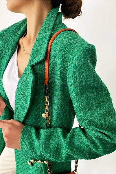 bymaestro woman Πράσινο γυναικείο μπουφάν τουίντ - Λεπτομέρεια με χρυσά κουμπιά