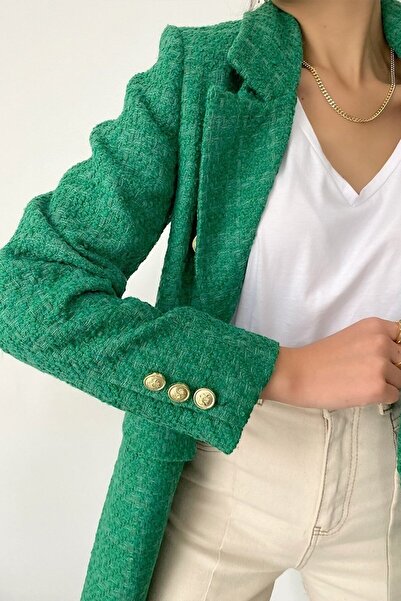 bymaestro woman Πράσινο γυναικείο μπουφάν τουίντ - Λεπτομέρεια με χρυσά κουμπιά