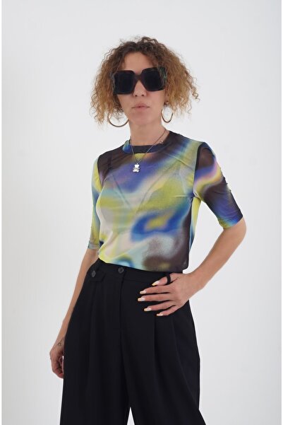 Zelish My Sister Короткий рукав з принтом на комірі, тюлева блузка