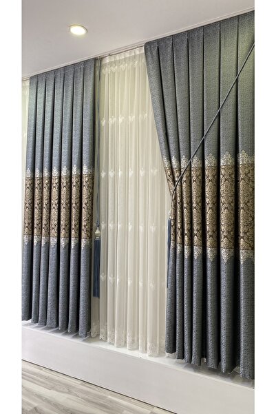 Fon Dünyası Panel Background Curtain Gray Blue Gold (single Wing)