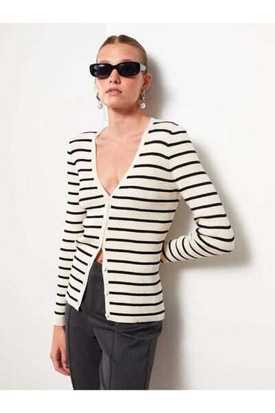 LC Waikiki Pruhovaný dámský pletený kardigan s dlouhým rukávem a výstřihem do V