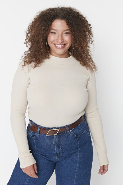 Trendyol Curve Μπεζ ριμπ πλεκτό κορμάκι μπλούζα - όρθιος γιακάς TBBAW23AF00003