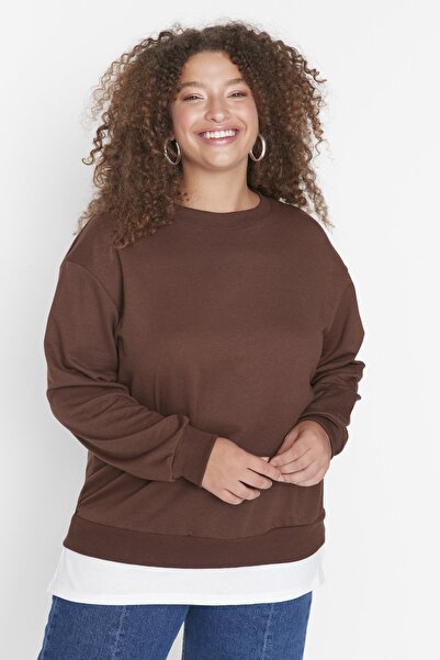 Trendyol Curve Plus Size Sweatshirt - Brown - Oversize