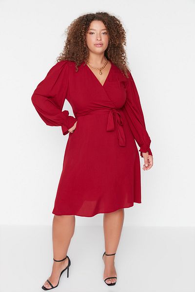 Trendyol Curve Red V-neck Double Breasted Covering Woven Dress TBBAW23AH00157