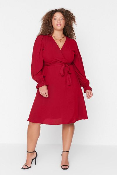 Trendyol Curve Red V-neck Double Breasted Covering Woven Dress TBBAW23AH00157