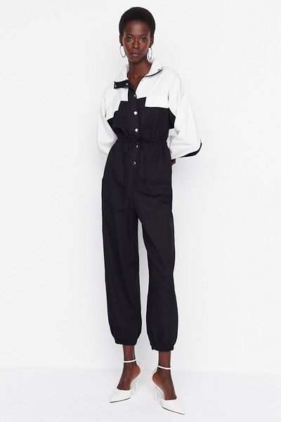 Trendyol Collection Black Color Blocked Gathered Waist Long Woven Jumpsuit TWOAW21TU0011