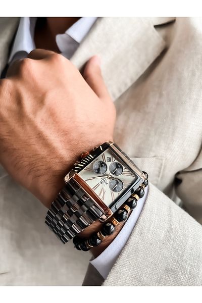 Reward Square Dial, Steel Strap, Smoked Color, Functional, Special Lock System Men's Wristwatch Bracelet